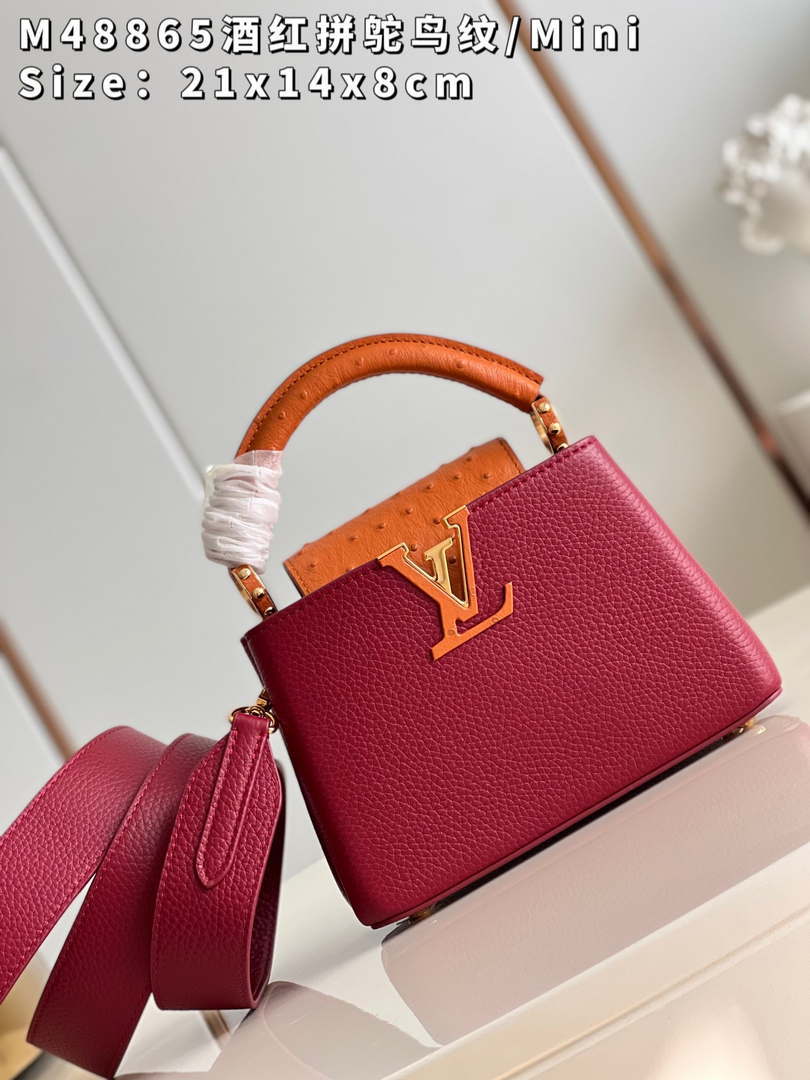 LV M48865 Louis Vuitton Capucines Mini Bag Stitched ostrich leather Wine Red