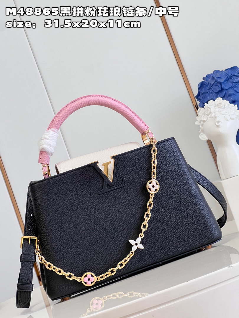 LV M22512 Louis Vuitton Capucines MM Black and Rose Pink
