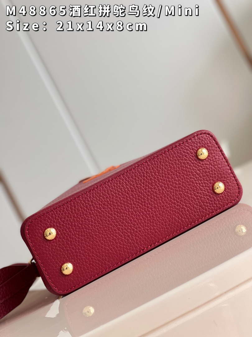 LV M48865 Louis Vuitton Capucines Mini Bag Stitched ostrich leather Wine Red
