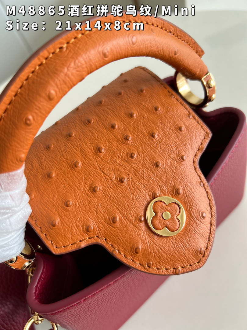 LV M48865 Louis Vuitton Capucines Mini Bag Stitched ostrich leather Wine Red