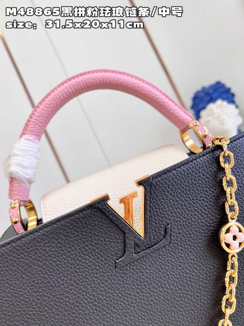 LV M22512 Louis Vuitton Capucines MM Black and Rose Pink