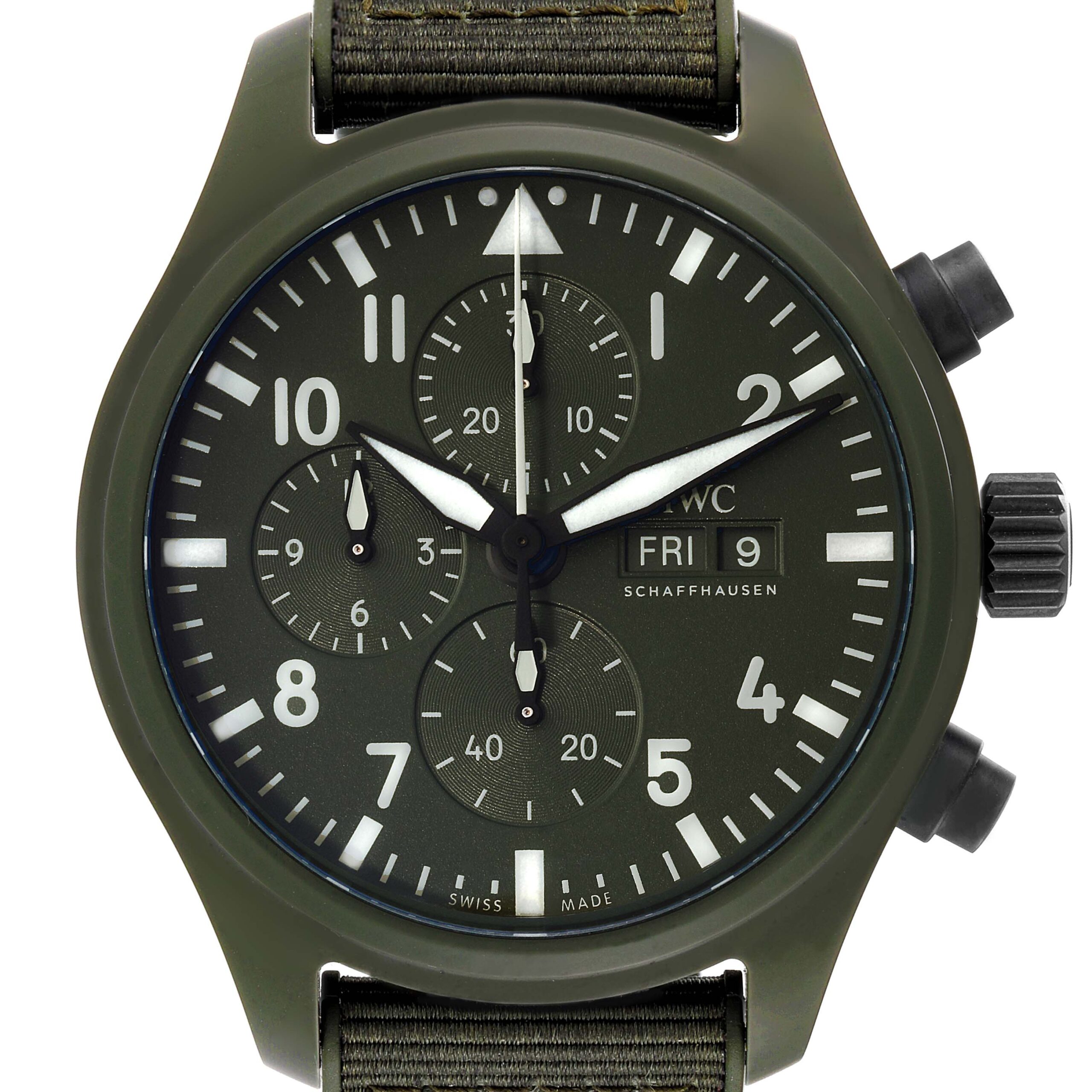 IWC Pilot Top Gun Chronograph Green Ceramic Dial Mens Watch IW389106 Unworn