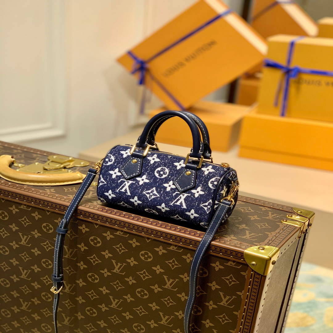 LV M81168 Louis Vuitton Nano Speedy Denim Leather Bag