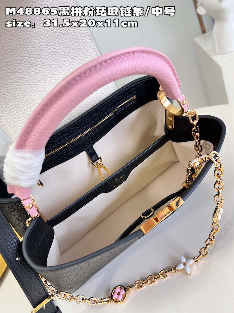LV M22512 Louis Vuitton Capucines MM Black and Rose Pink
