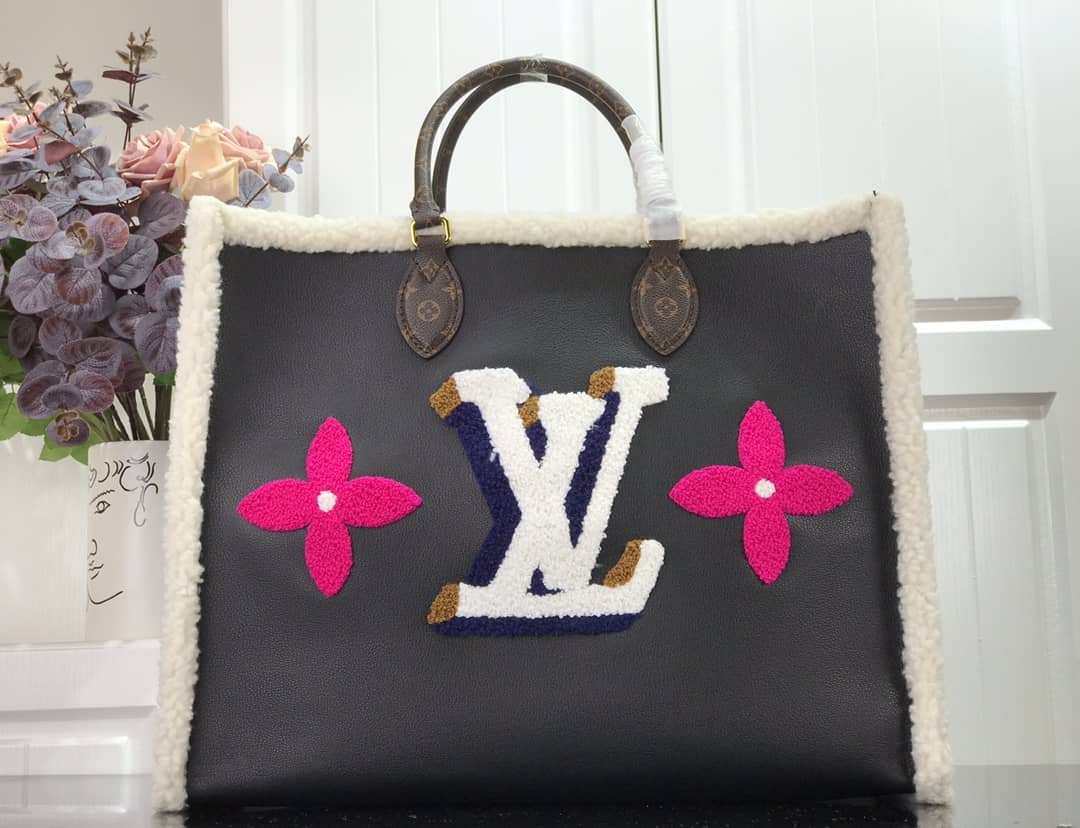 Louis Vuitton Onthego GM Leather Shearling Bag Black Replica M56958