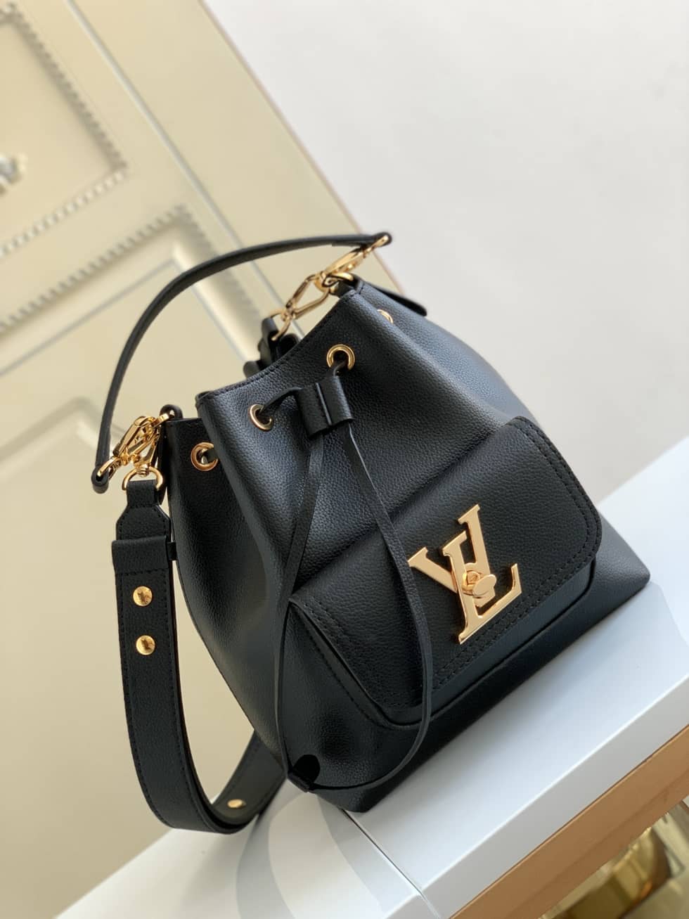 Louis Vuitton Lockme Grained Calf Leather Black M57687 Replica Bucket Bag