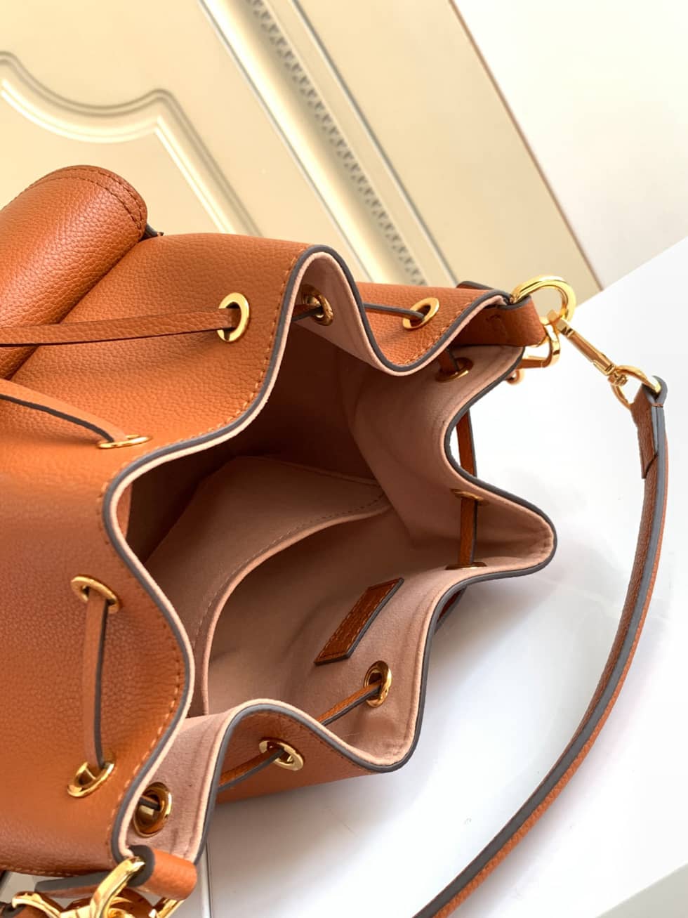 Louis Vuitton Lockme Grained Calf Leather Brown M57689 Replica Bucket Bag