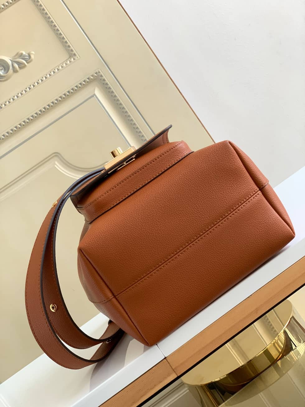 Louis Vuitton Lockme Grained Calf Leather Brown M57689 Replica Bucket Bag