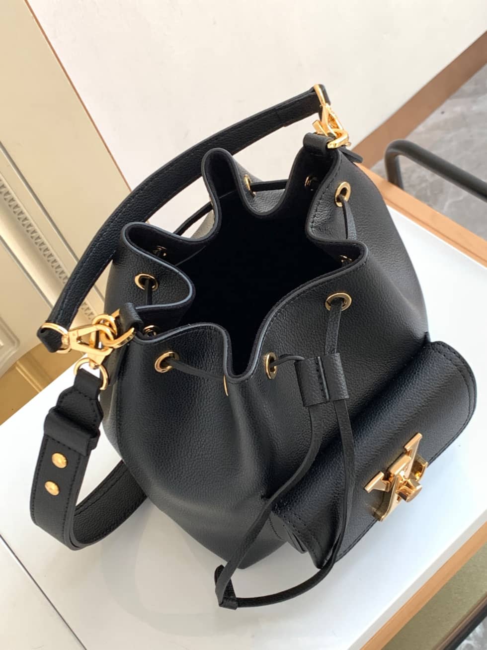 Louis Vuitton Lockme Grained Calf Leather Black M57687 Replica Bucket Bag