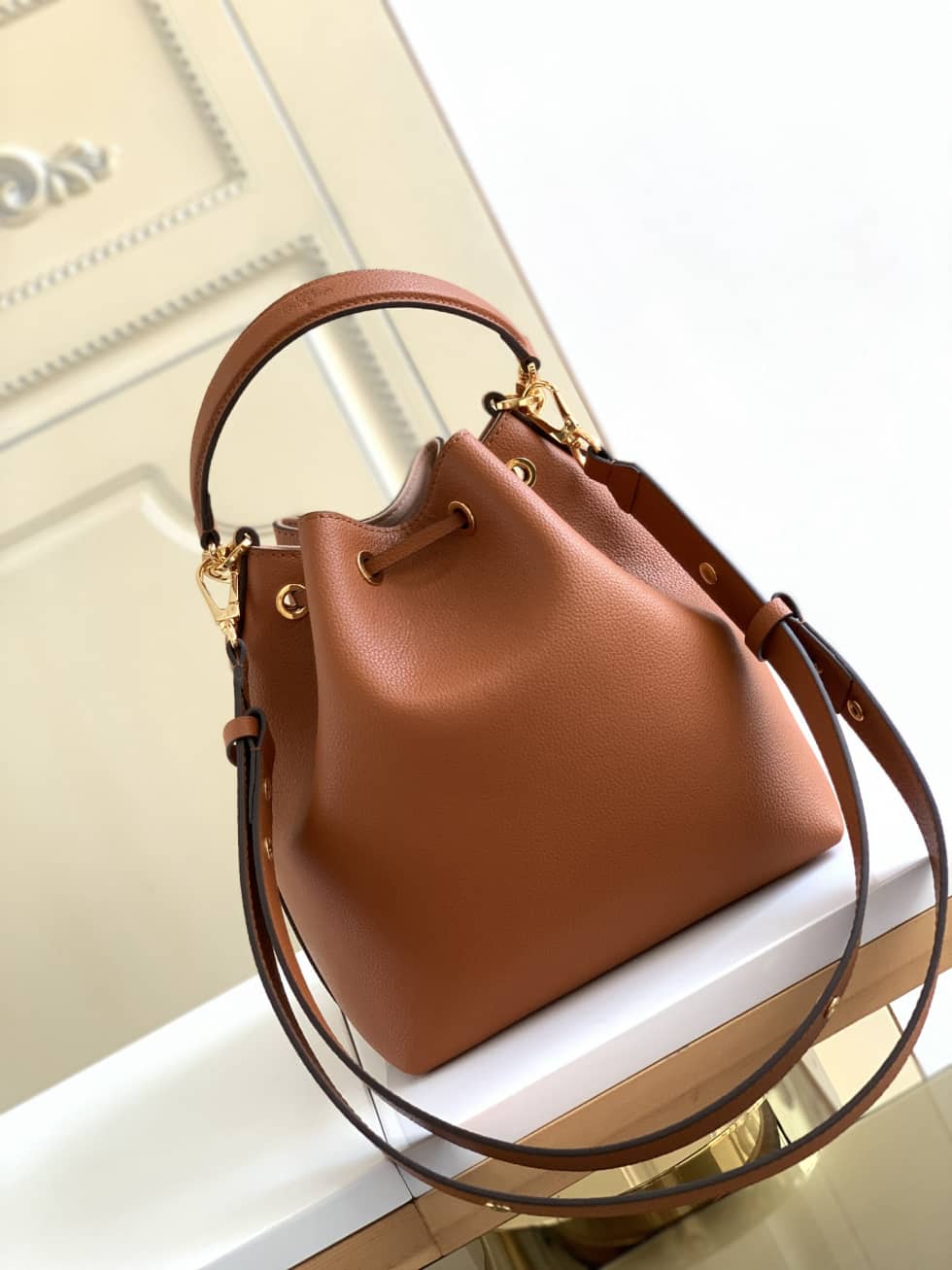 Louis Vuitton Lockme Grained Calf Leather Brown M57689 Replica Bucket Bag