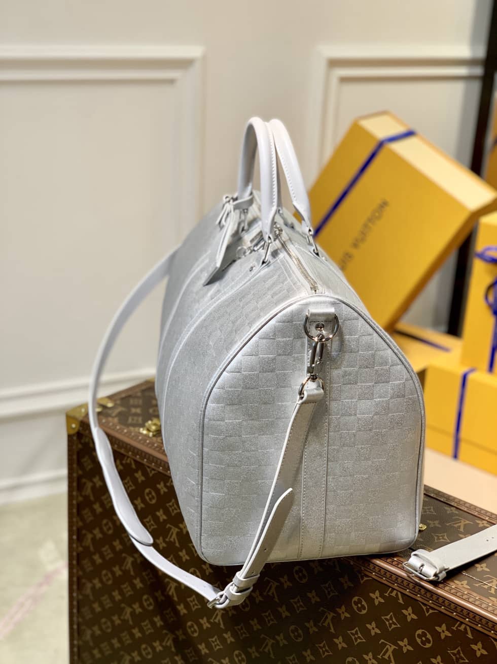 LV Duffle Bag Replica  Glitter Damier Keepall Silver N58041