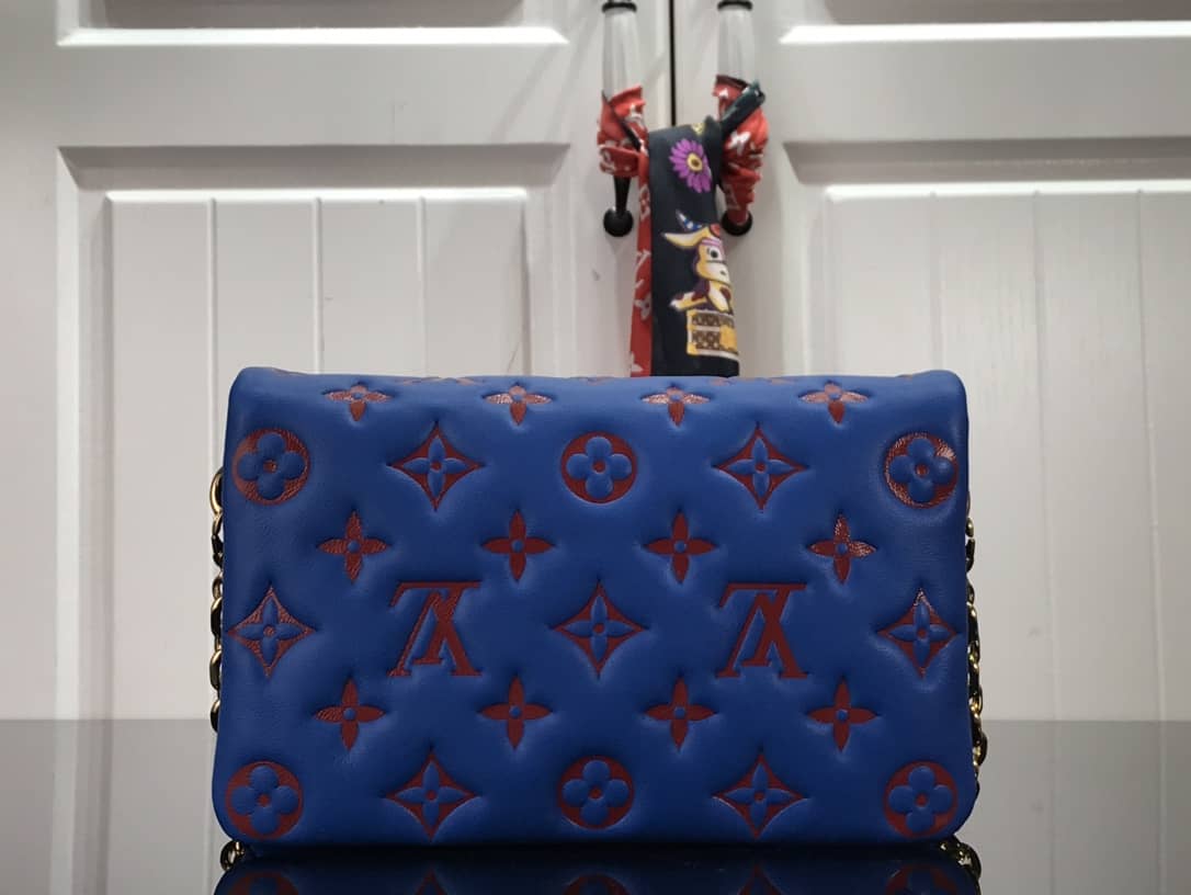 Louis Vuitton Coussin Lambskin Monogram Embossed Pochette Replica Bag Blue