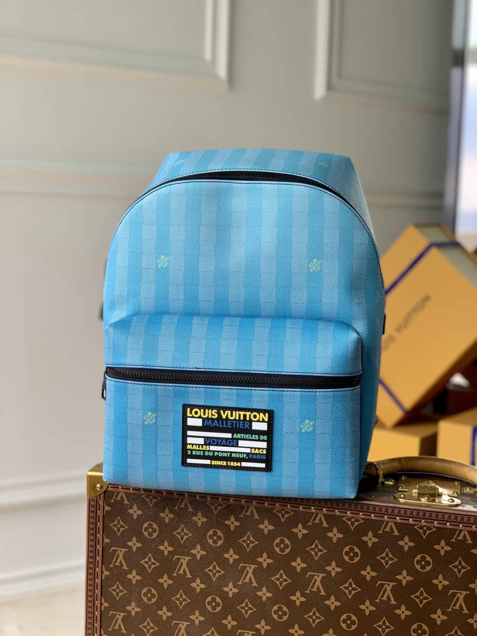 LV Backpack Replica Stripes Canvas Street Style A4 Plain Leather Blue M59913