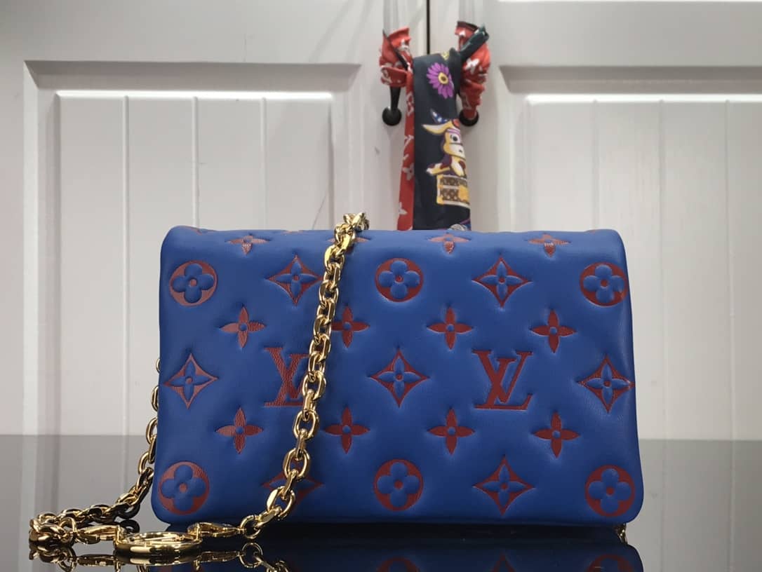 Louis Vuitton Coussin Lambskin Monogram Embossed Pochette Replica Bag Blue
