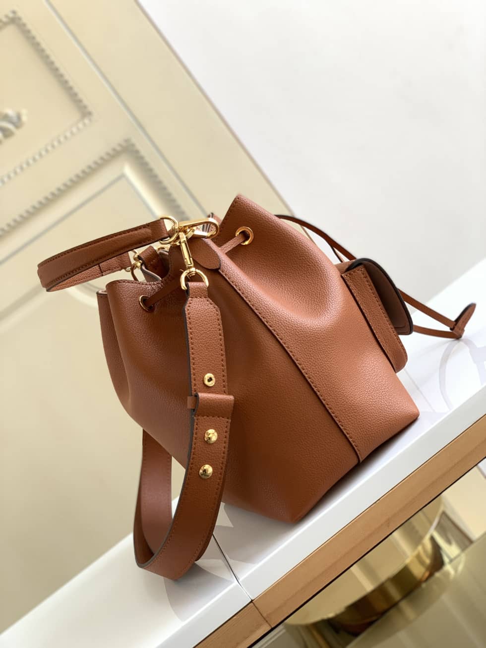 Louis Vuitton Lockme Grained Calf Leather Brown M57689 Replica Bucket Bag