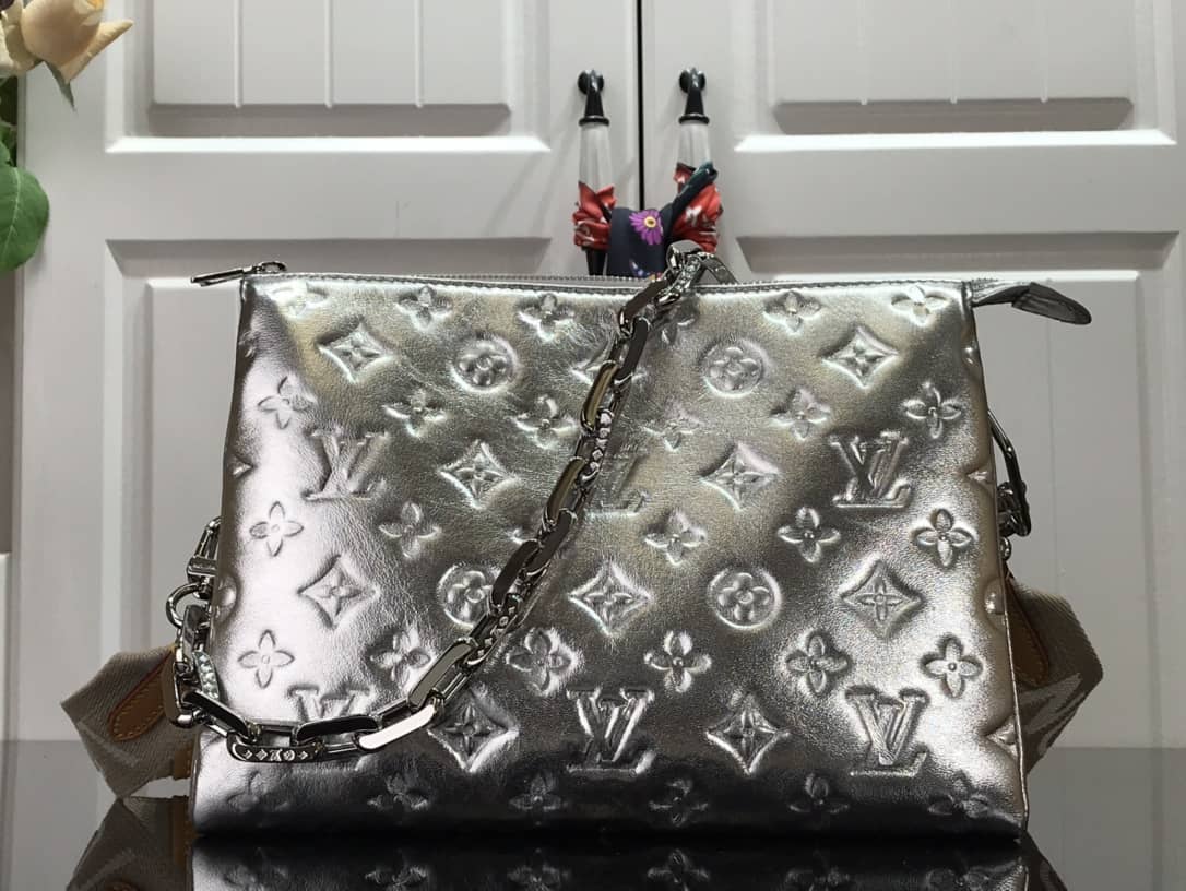 Louis Vuitton Cream Coussin PM Monogram Embossed Lambskin Replica Bag Silver M57793