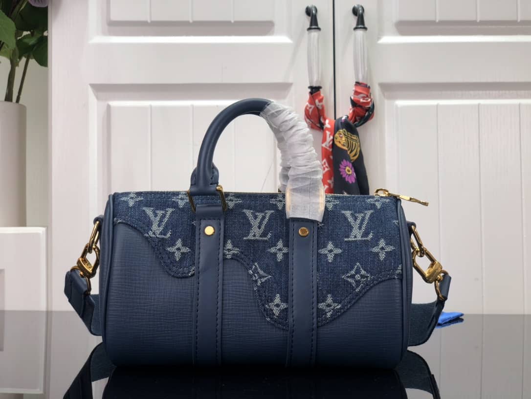 Louis Vuitton x Nigo Keepall XS Leather Monogram Denim Bag Replica Blue M81011