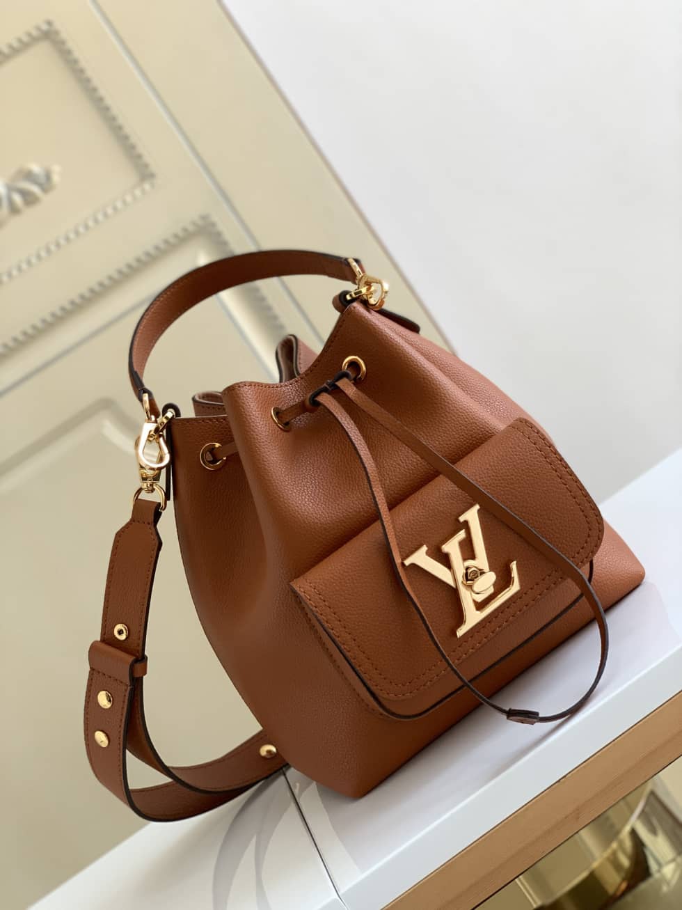 Louis Vuitton Lockme Grained Calf Leather Brown M57689 Replica Bucket Bag