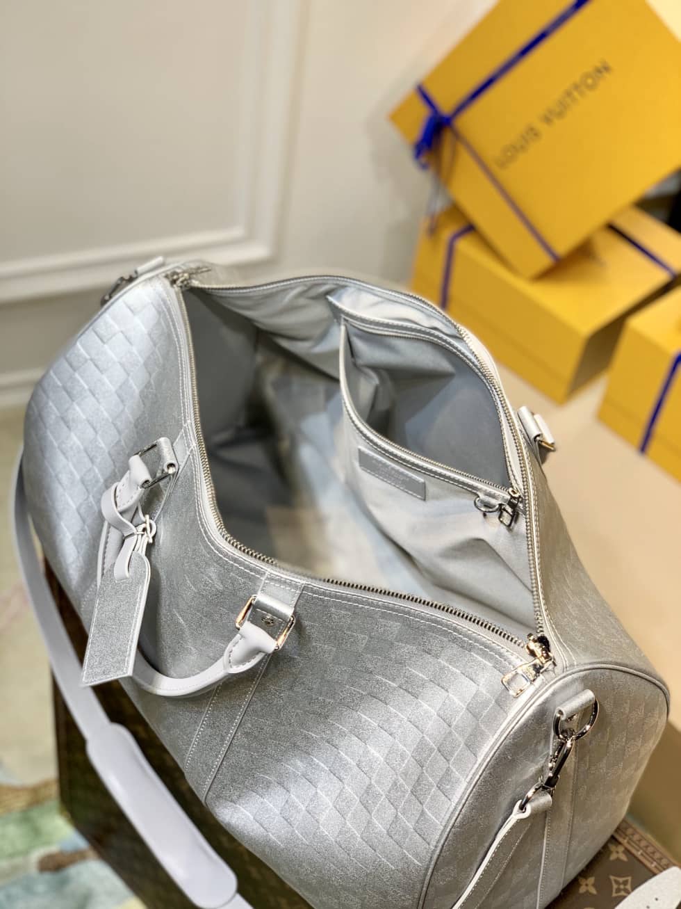 LV Duffle Bag Replica  Glitter Damier Keepall Silver N58041