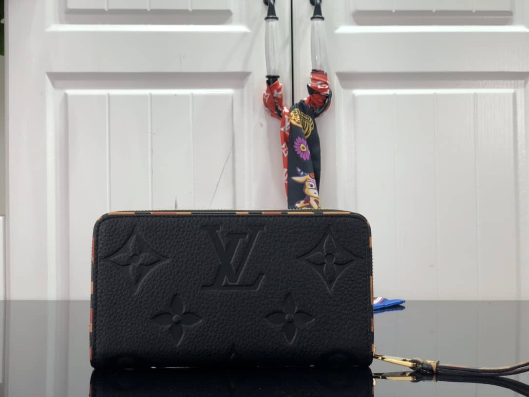 Louis Vuitton Monogram Empreinte Leather with Animal-Print Zippy Wallet Replica Black M80680