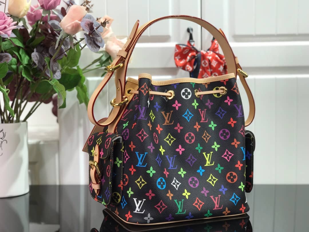 Louis Vuitton Monogram Multicolor Petit Noe Replica Shoulder Bag Black M42229