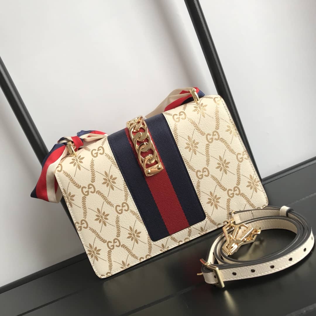 Gucci Sylvie Small Leather Shoulder Bag Replica Beige 524405