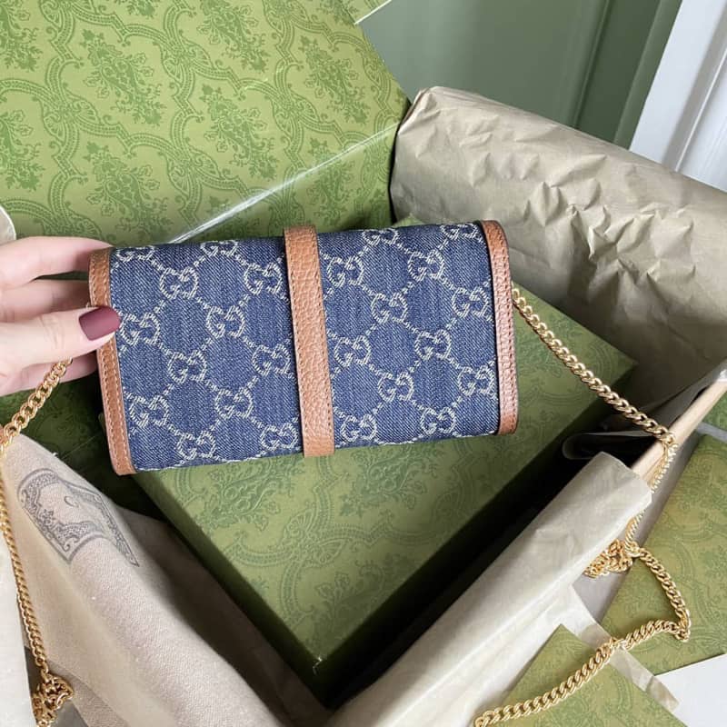 Gucci Jackie 1961 Chain Wallet Organic GG Denim Raplica 652681