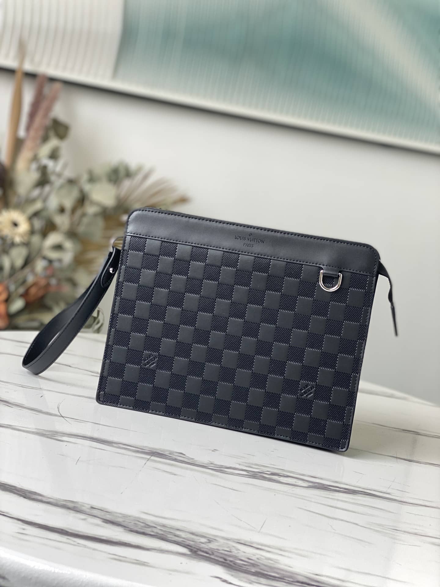 Louis Vuitton Leather Standing Damier Infini 3D Cowhide Pouch Replica Black N60450