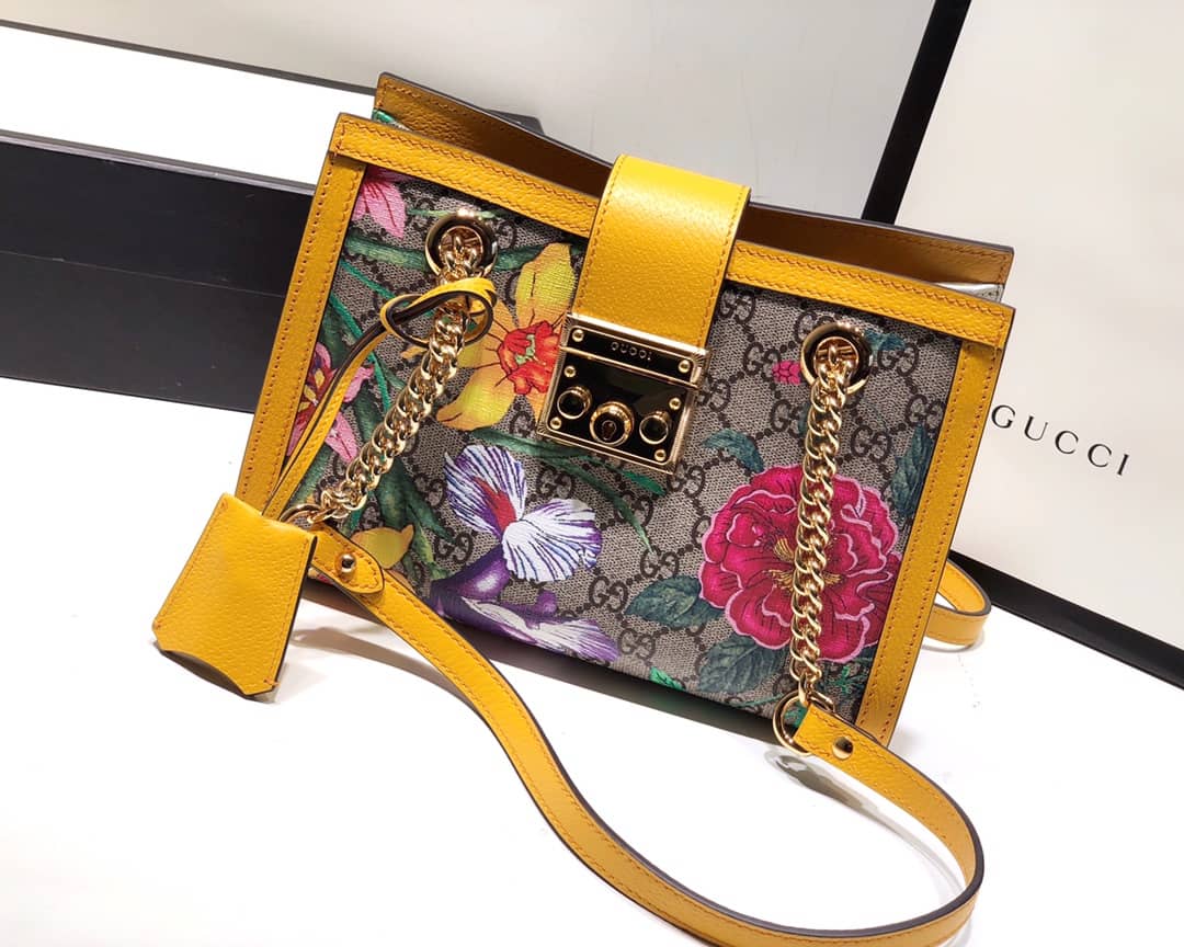 Gucci Padlock Small GG Supreme Canvas Shoulder Bag Replica Yellow 498156