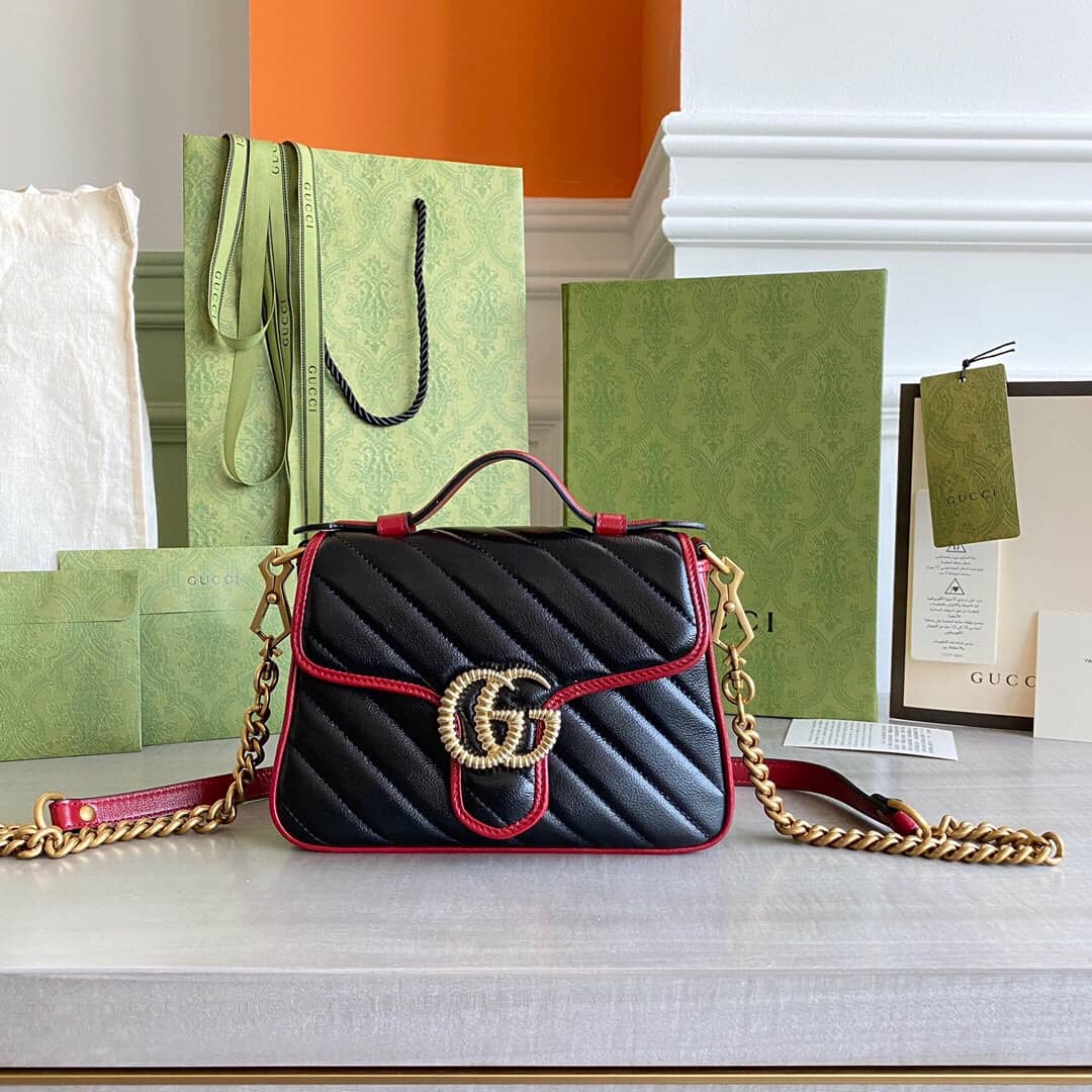 Gucci GG Marmont Mini Top Handle Bag Replica Black Red 583571