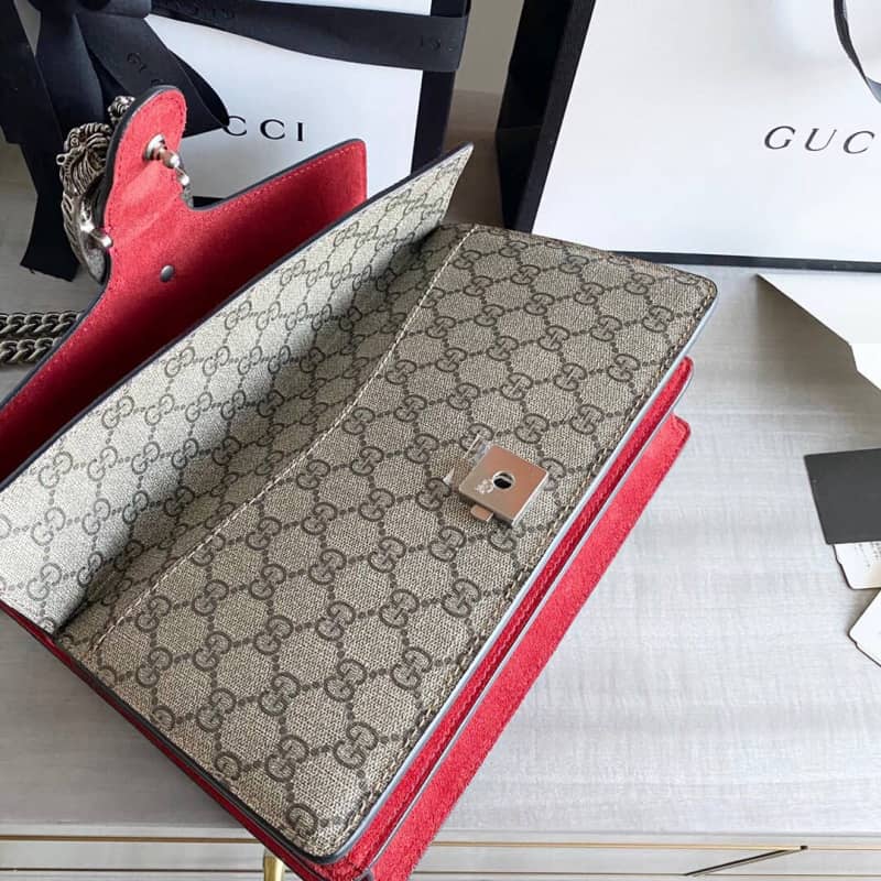 Gucci Dionysus Dupe GG Supreme Dionysus Chain Replica Shoulder Bag Gray Red 400249