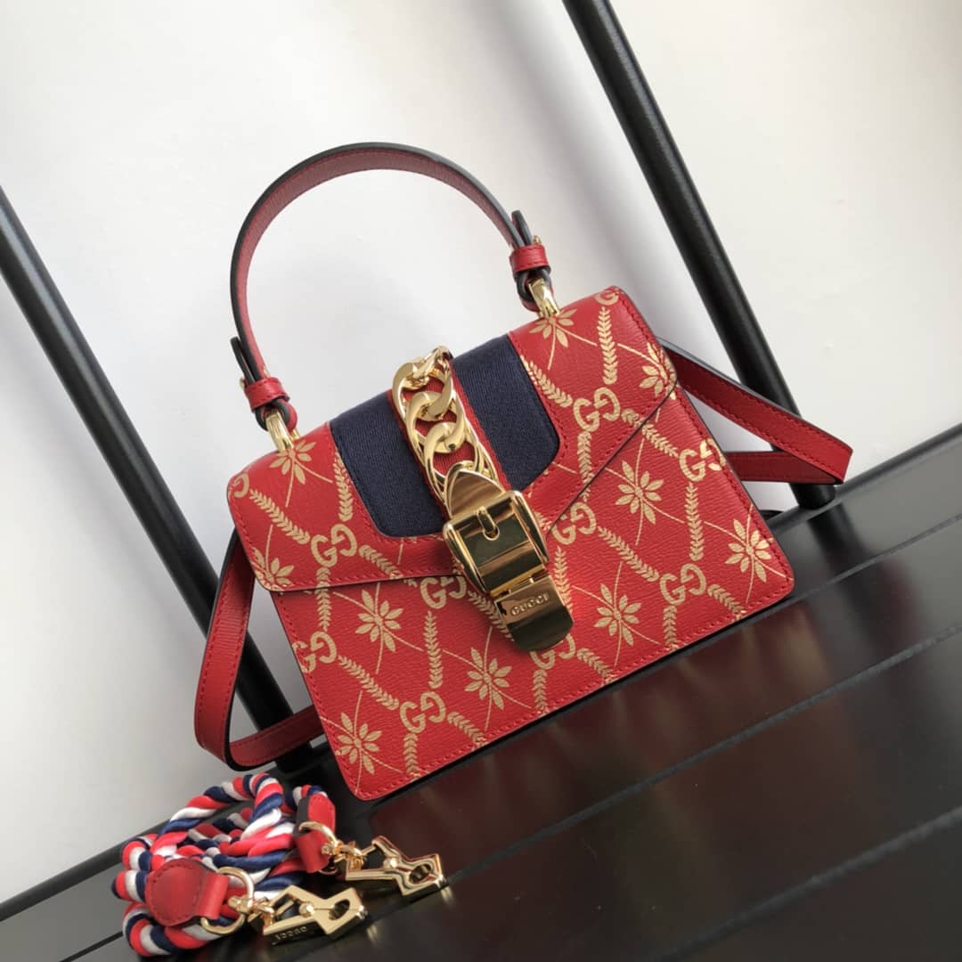 Gucci Sylvie Leather Mini Shoulder Bag Replica White Red 470270
