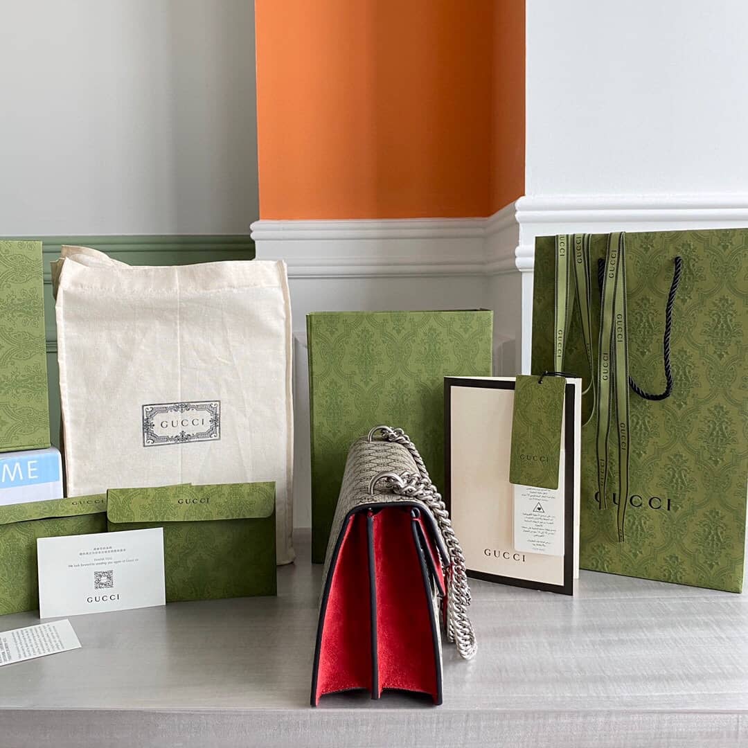 Gucci Dionysus Dupe GG Supreme Dionysus Chain Replica Shoulder Bag Gray Red 400249