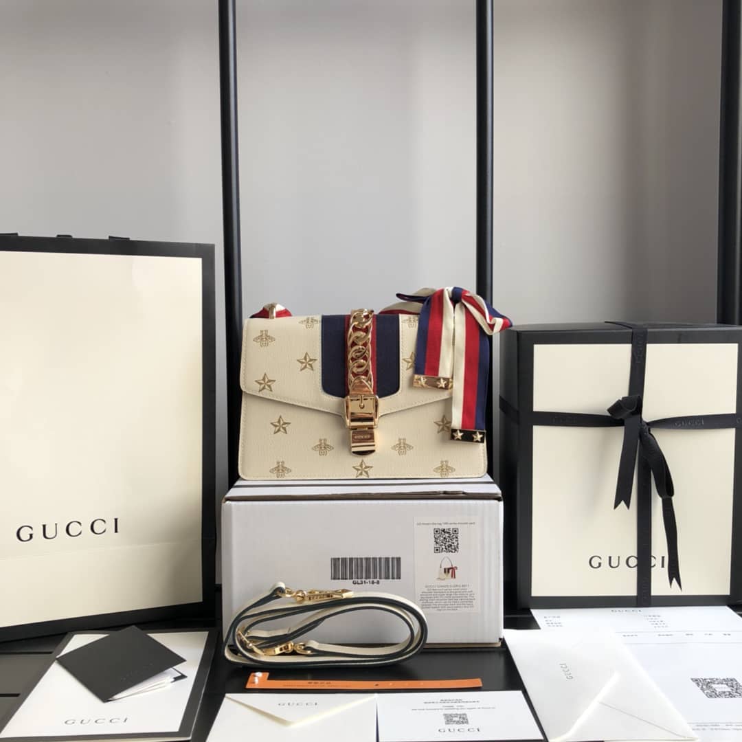 Gucci Sylvie Small Leather Shoulder Bag Replica White 524405