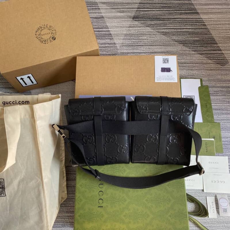 Gucci GG Emboss Waist Body Leather Bag Replica Black 631339