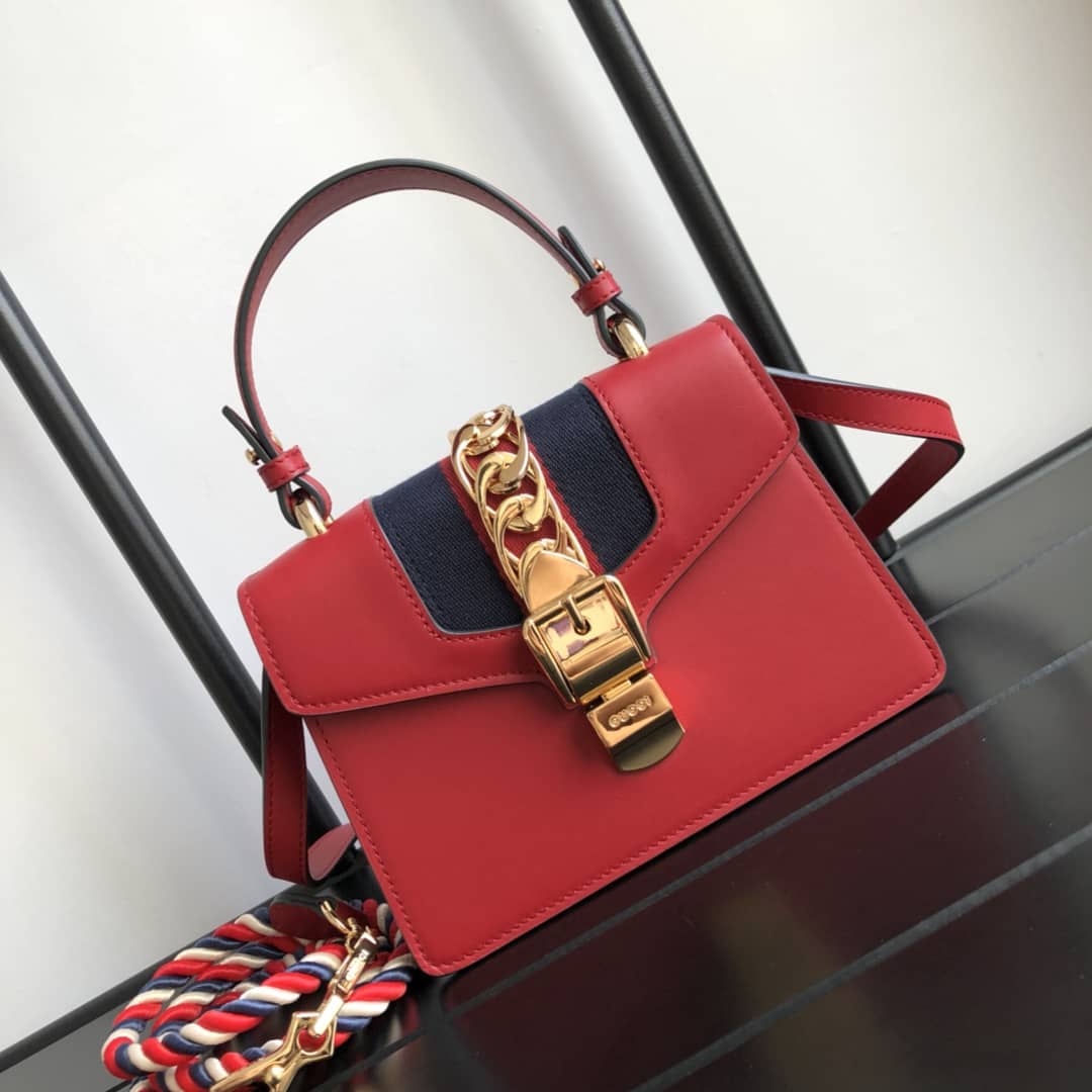 Gucci Sylvie Leather Mini Shoulder Bag Replica White Red 470270