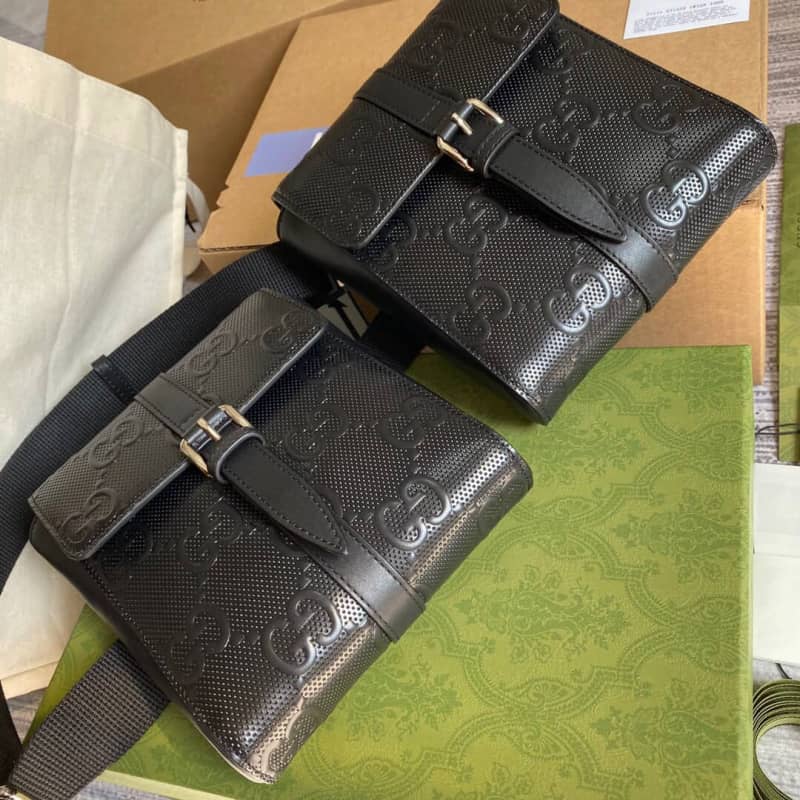 Gucci GG Emboss Waist Body Leather Bag Replica Black 631339