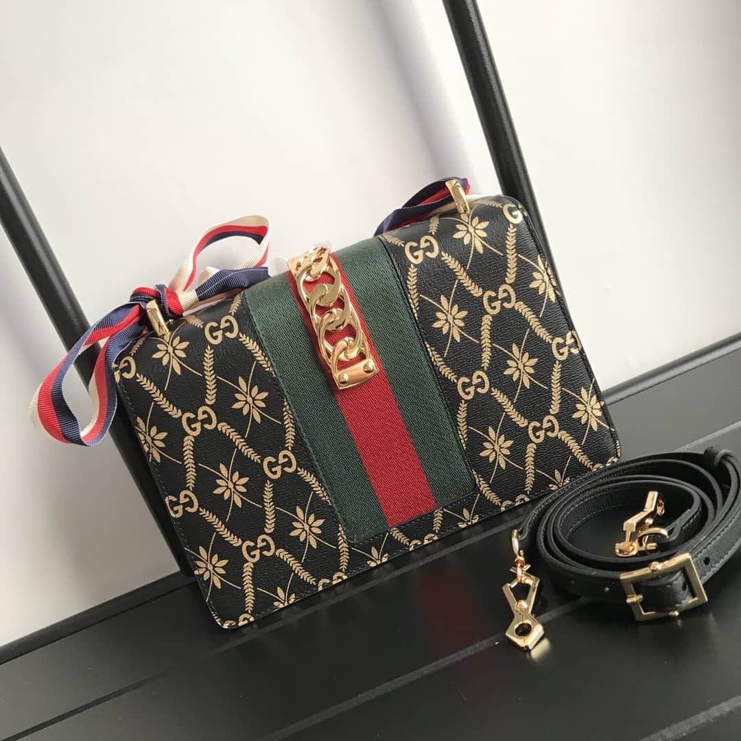 Gucci Sylvie Small Leather Shoulder Bag Replica Black 524405