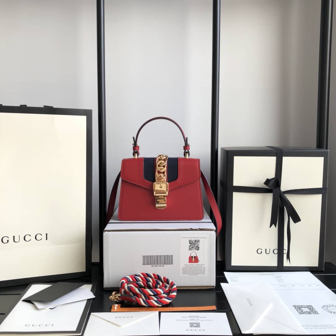 Gucci Sylvie Leather Mini Shoulder Bag Replica White Red 470270