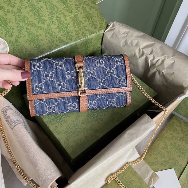 Gucci Jackie 1961 Chain Wallet Organic GG Denim Raplica 652681
