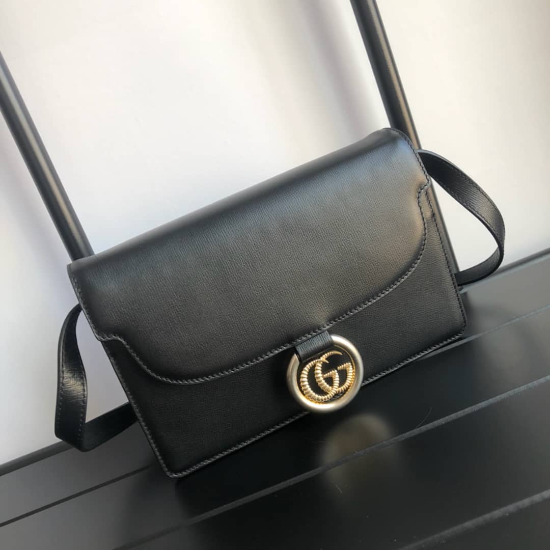 Gucci GG Ring Torchon Leather Shoulder Bag Replica Black 589474