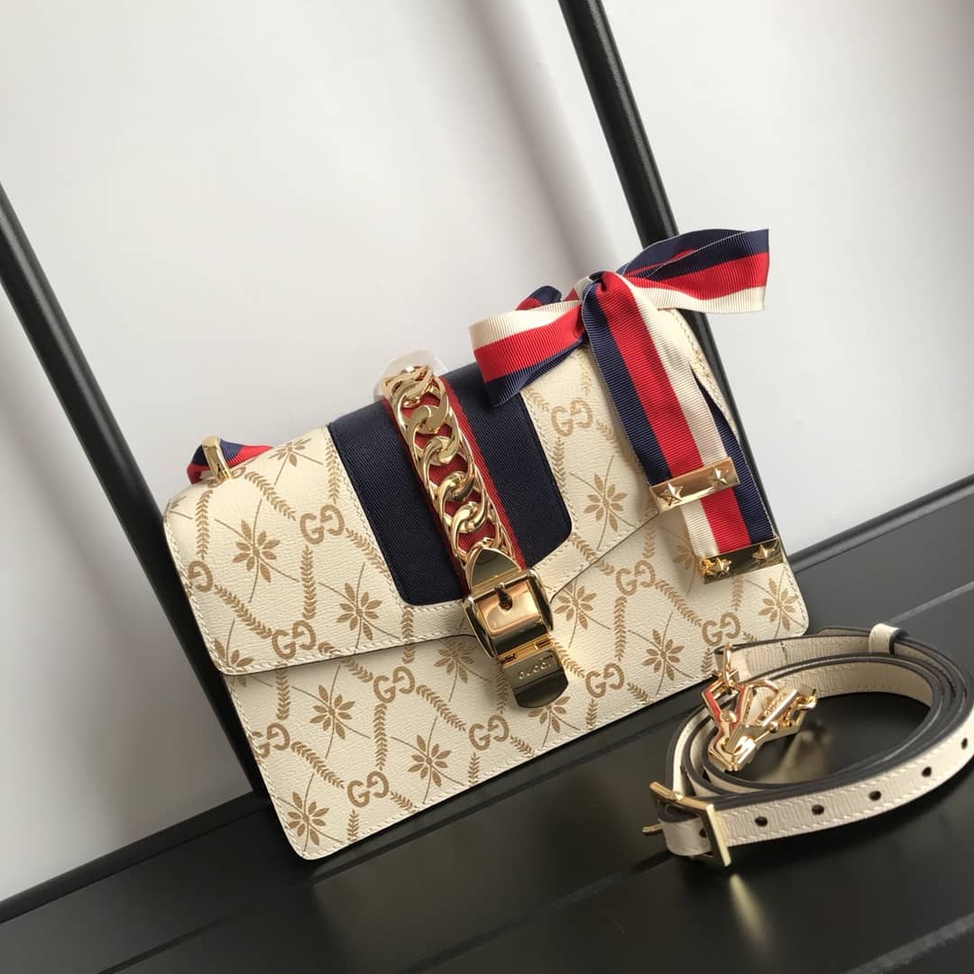 Gucci Sylvie Small Leather Shoulder Bag Replica Beige 524405