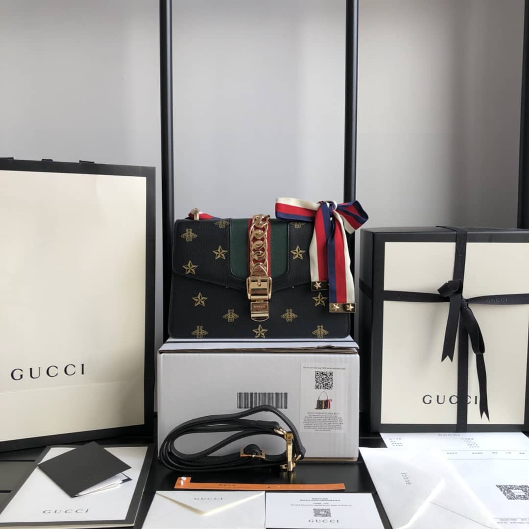 Gucci Sylvie Small Leather Shoulder Bag Replica Black 524405