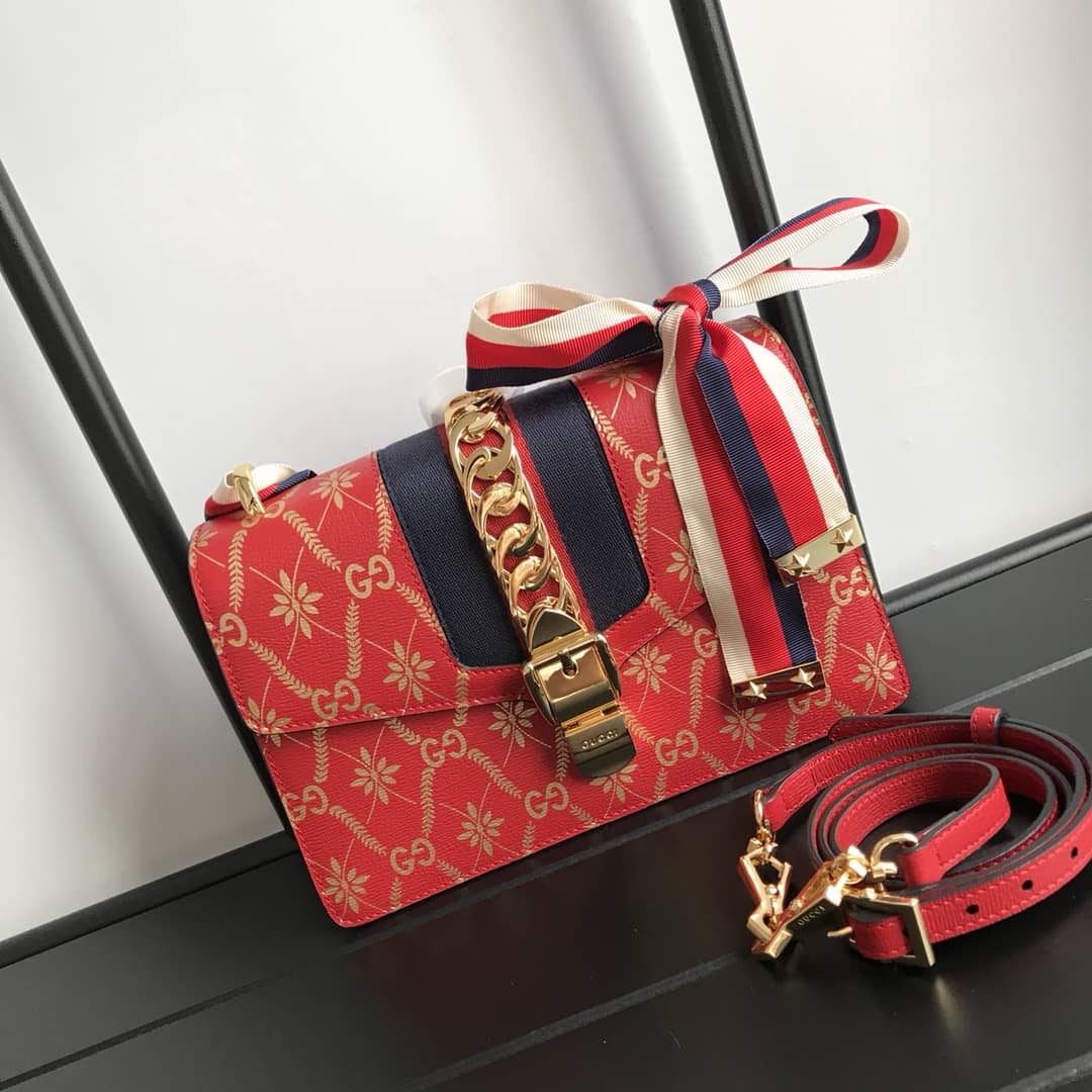 Gucci Sylvie Small Leather Shoulder Bag Replica Red 524405