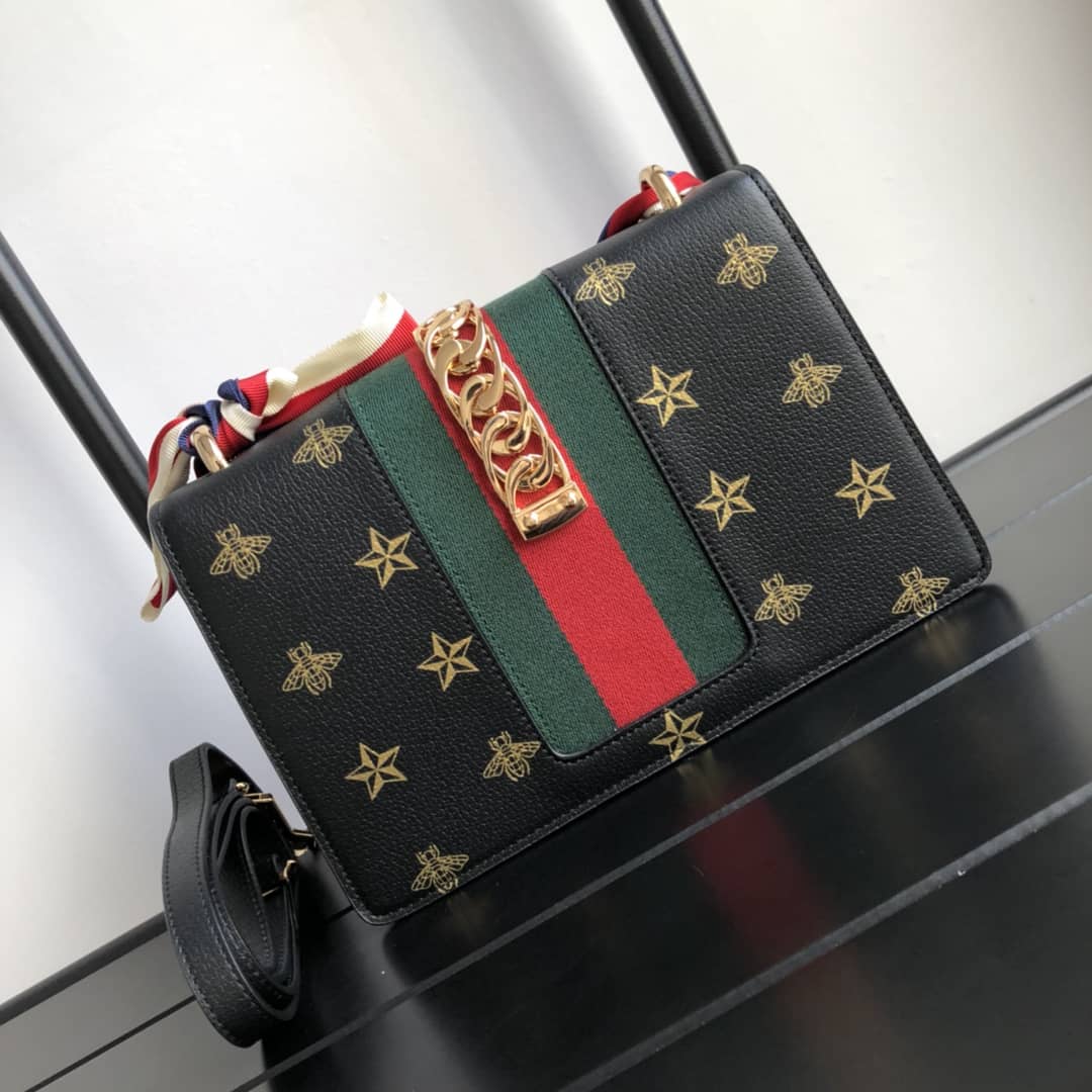 Gucci Sylvie Small Leather Shoulder Bag Replica Black 524405