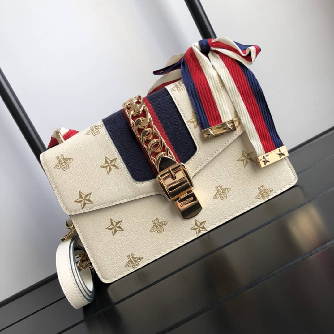 Gucci Sylvie Small Leather Shoulder Bag Replica White 524405