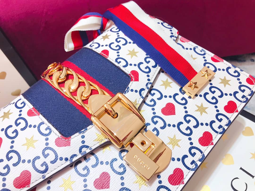 Gucci Sylvie Small Leather Shoulder Bag Replica White Blue 421882