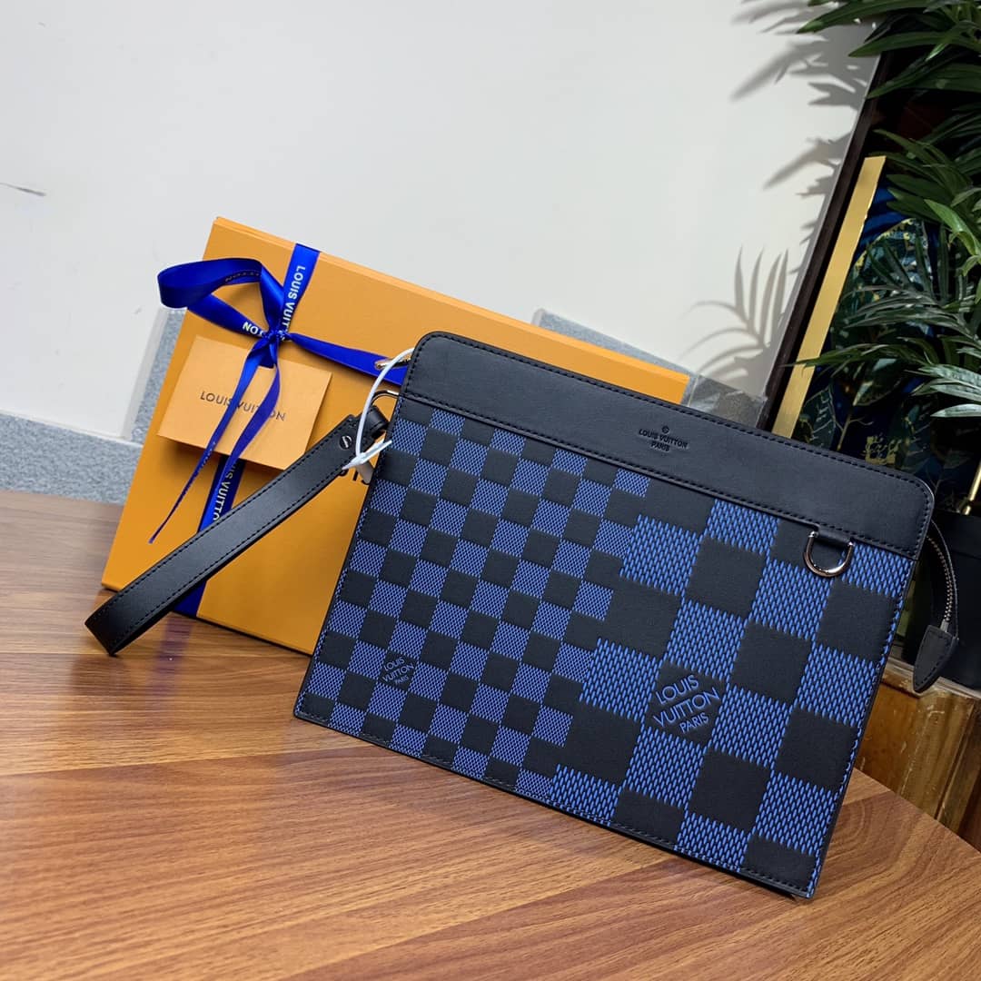 Louis Vuitton Damier Infini 3D Cowhide Leather Standing Pouch Replica Blue N60449