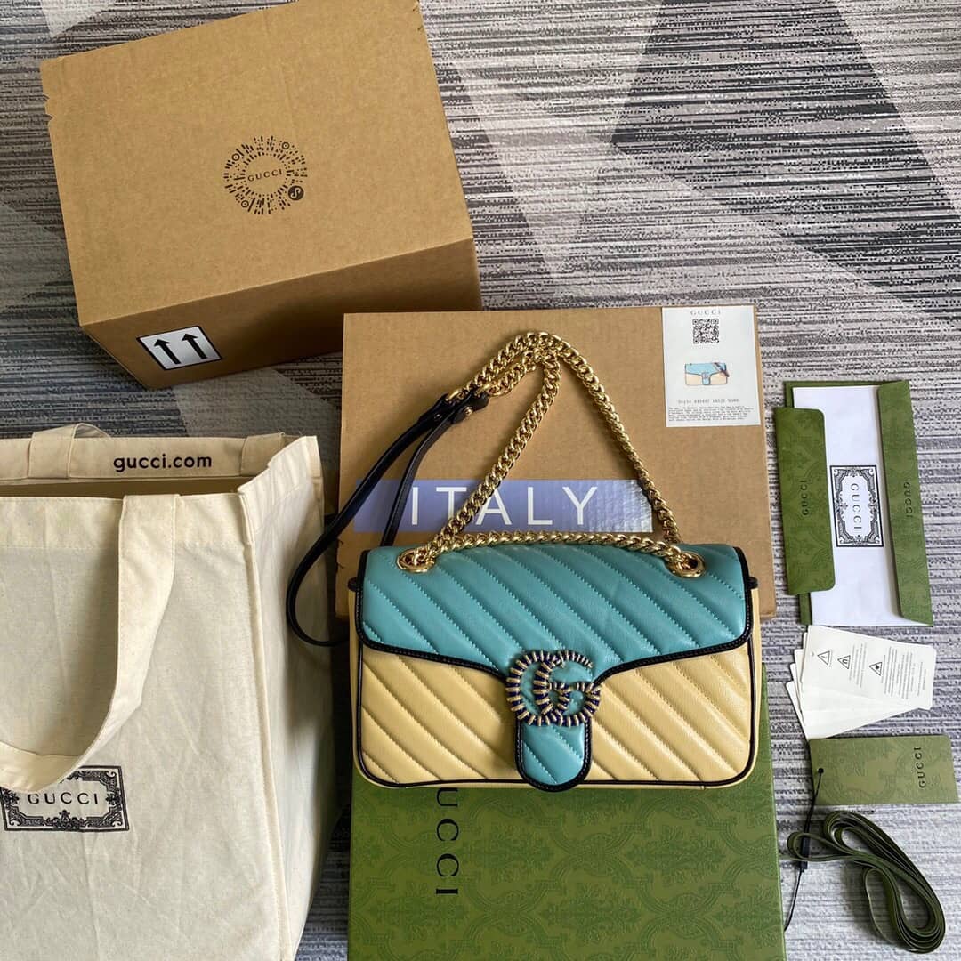 Gucci GG Marmont Matelasse Shoulder Bag Replica Blue Yellow 443497