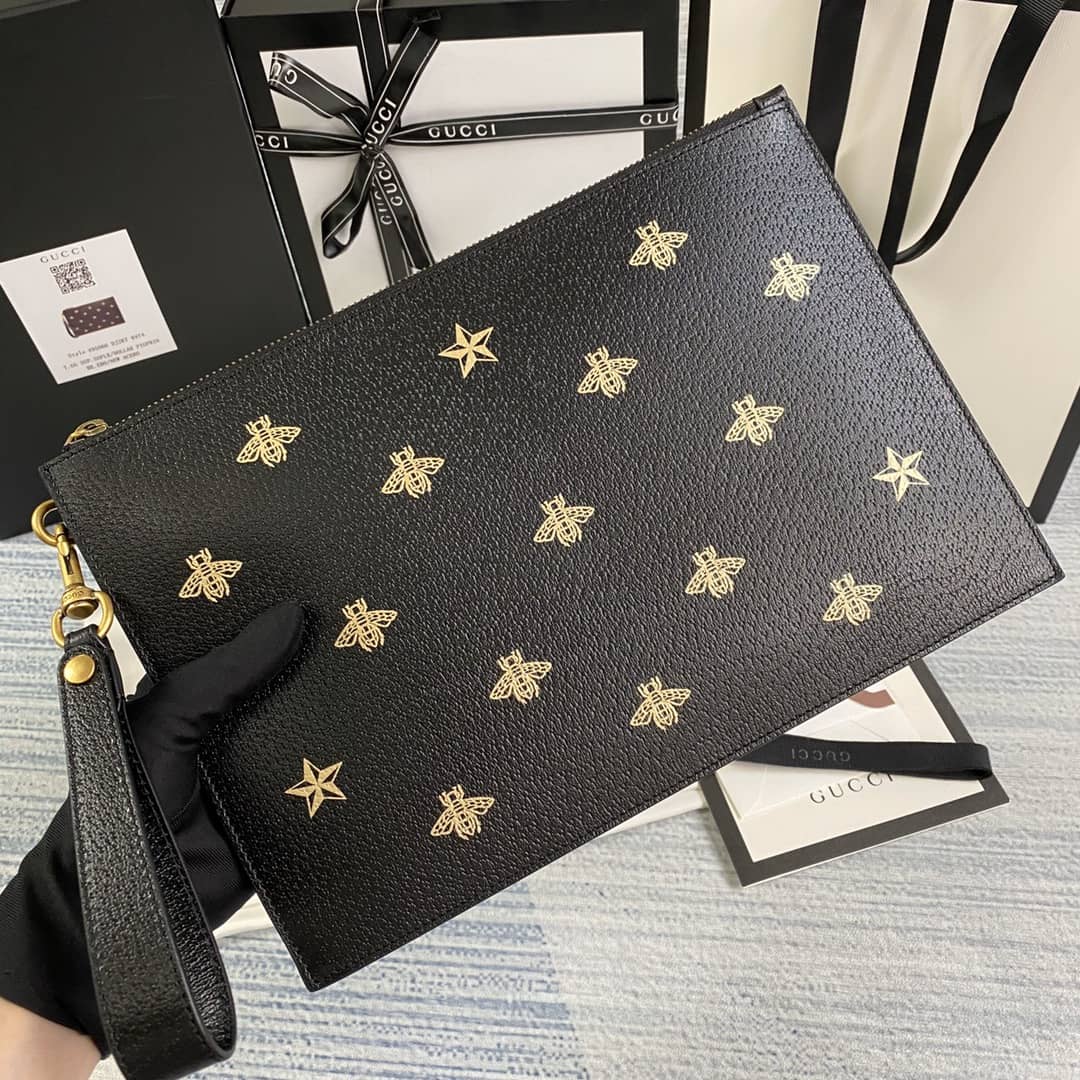 Gucci Mens Bee Star Leather Pouch Replica 495066